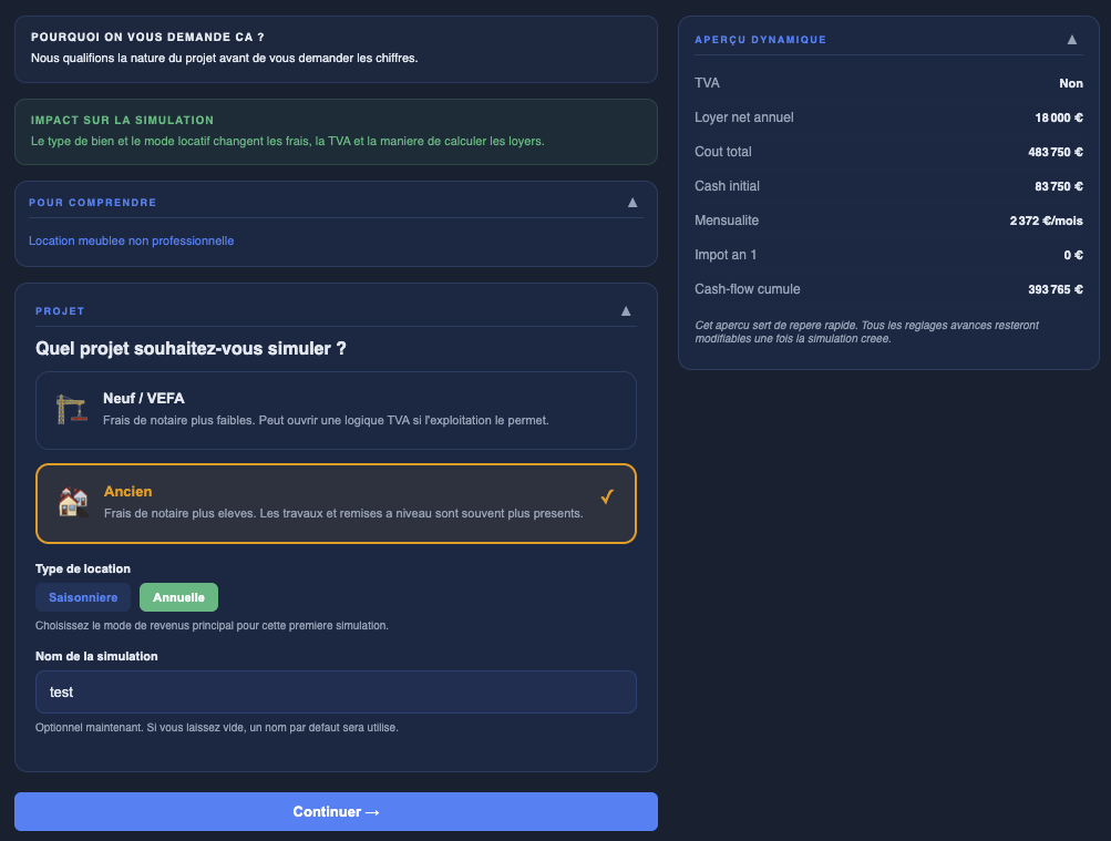 Capture du test d'éligibilité LMNP avec les trois questions et un résultat visuel.